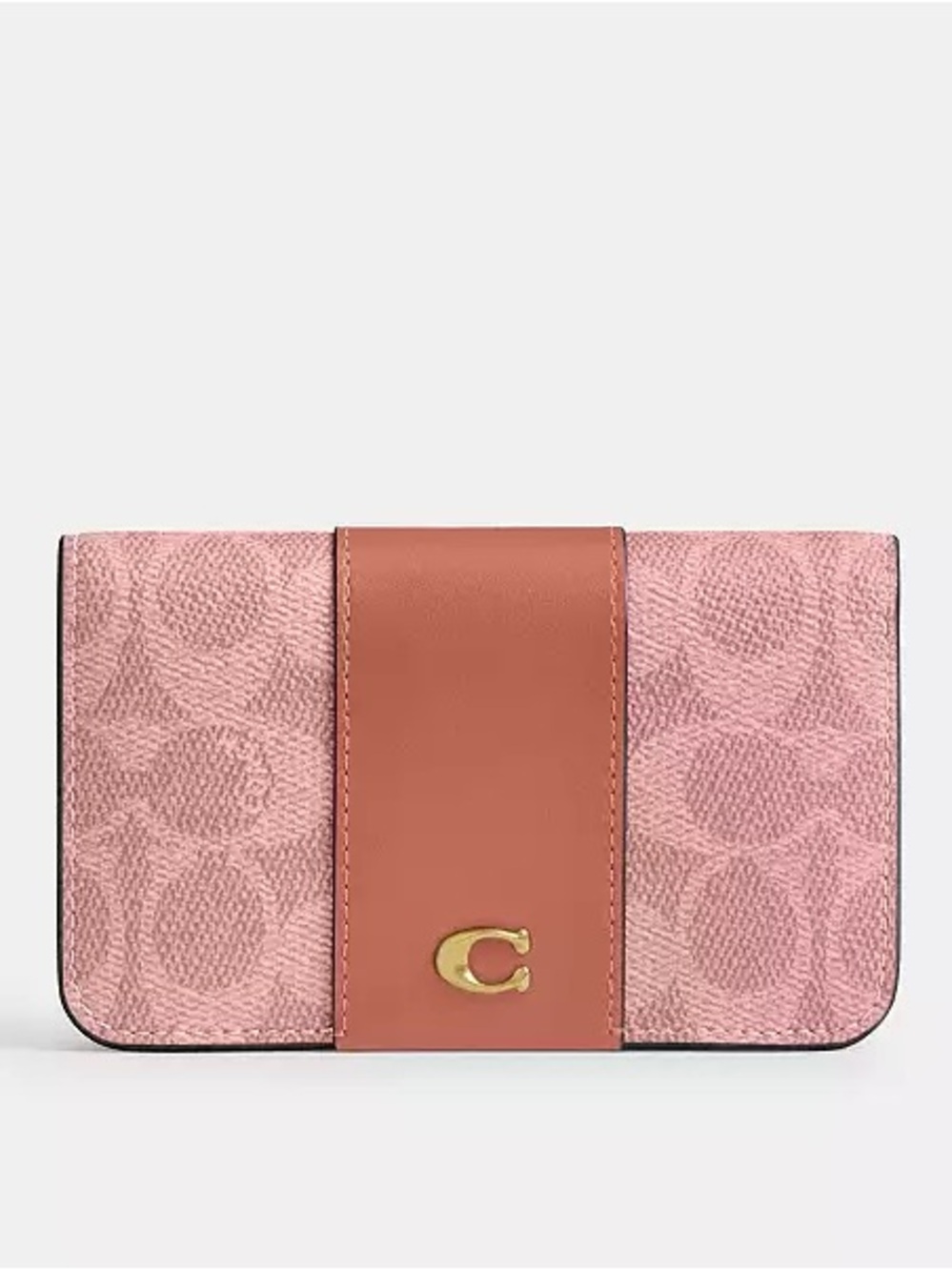Coach Slim Card Case Wallet in Signature Canvas & Leather Brass/Melon Pink NWT